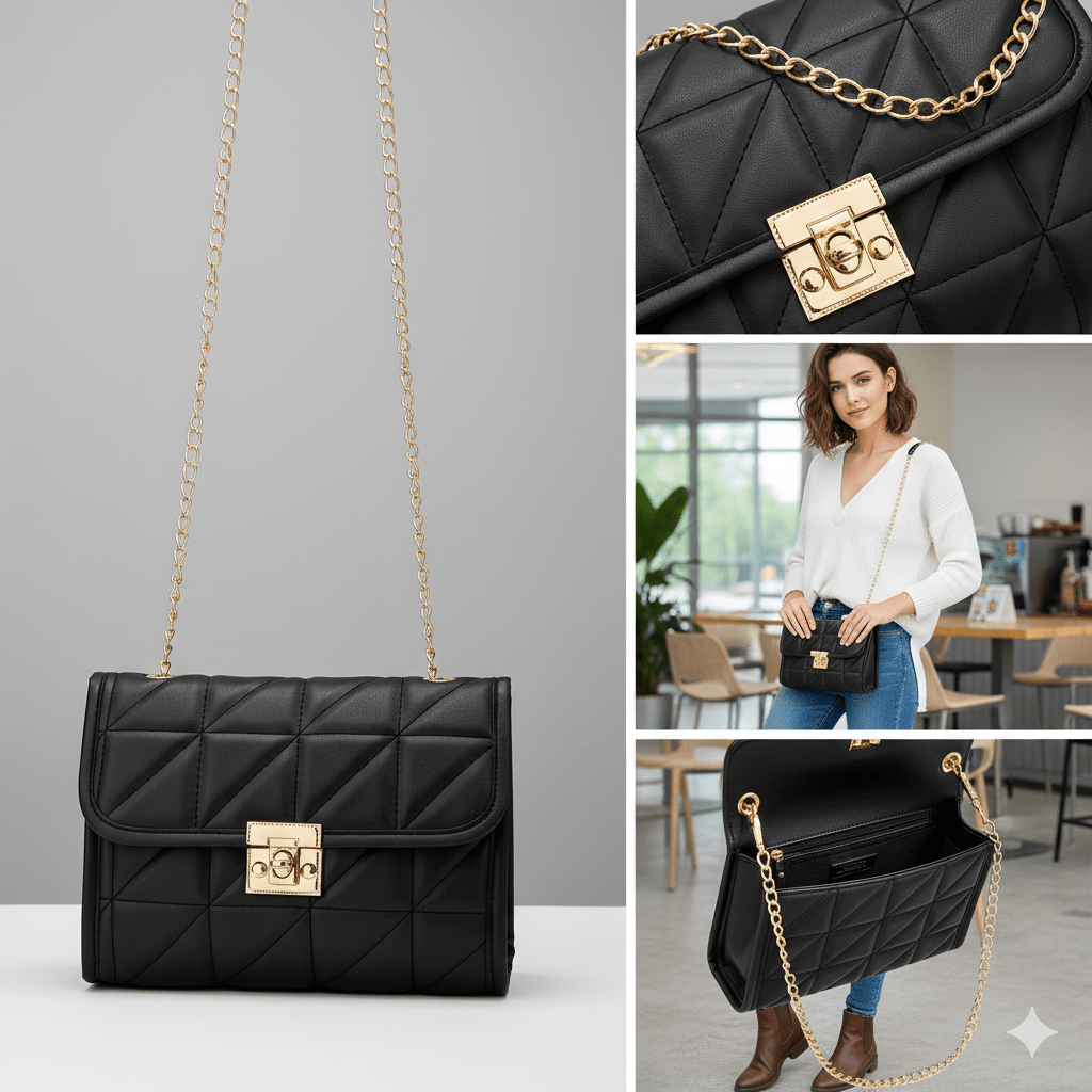 Bolsa Feminina Transversal  em Matelassê com Fecho Dourado Modelo Lumière Noir